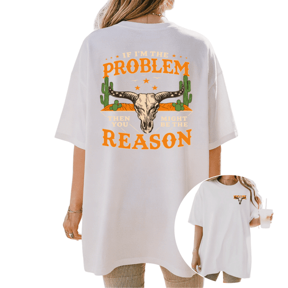 Cozymy Women's If I'm The Problem Western Bull Skull Graphic Short Sleeve T-Shirt Casual Cotton Crewneck Oversized Tee