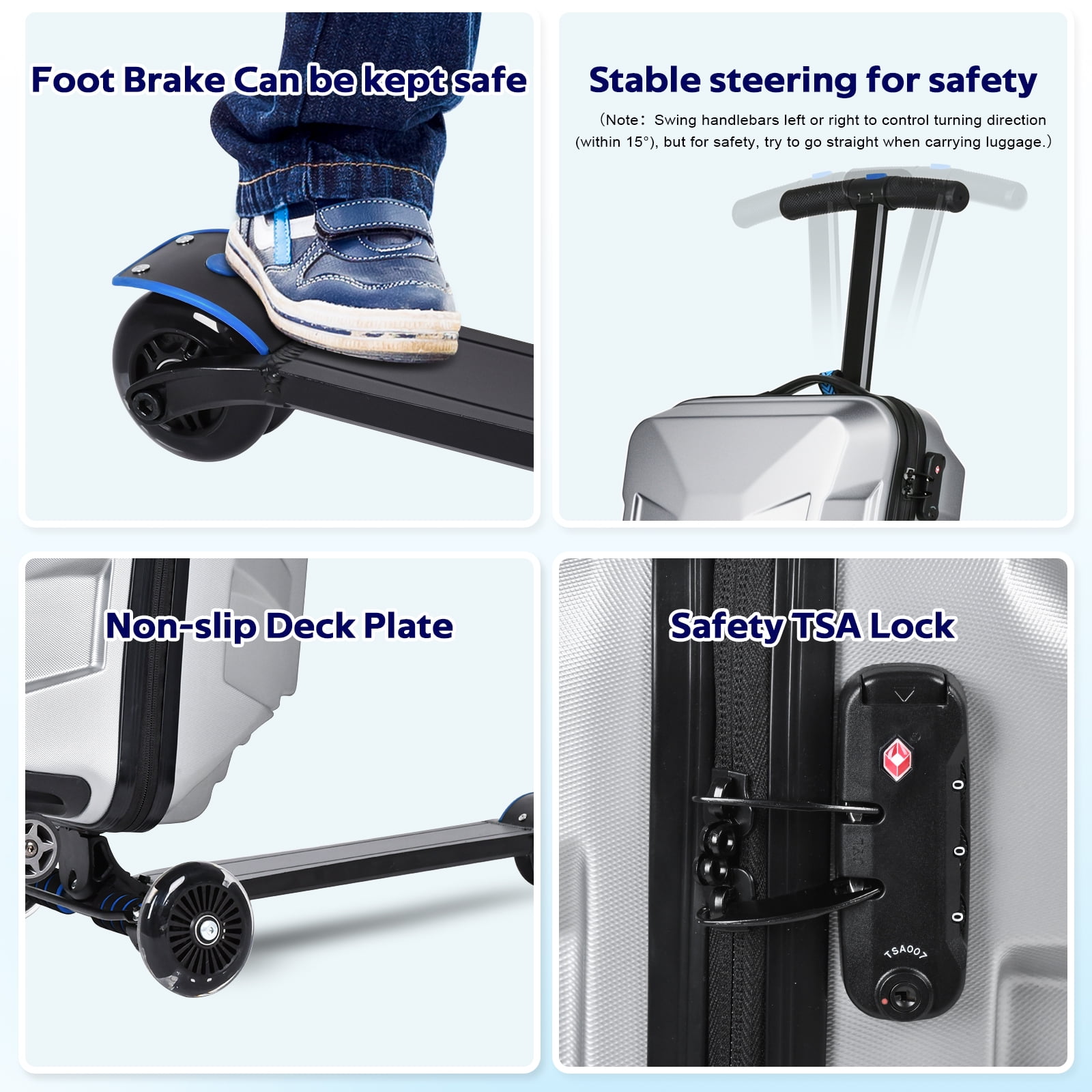 Advwin Scooter Suitcase for Kids & Adults, 3-D Hardshell Ride On Scooter Luggage with LED Light Up Wheels, TSA Lock, Lightweight Foldable Carry On Rideable Suitcase for Children Teenagers, Silver