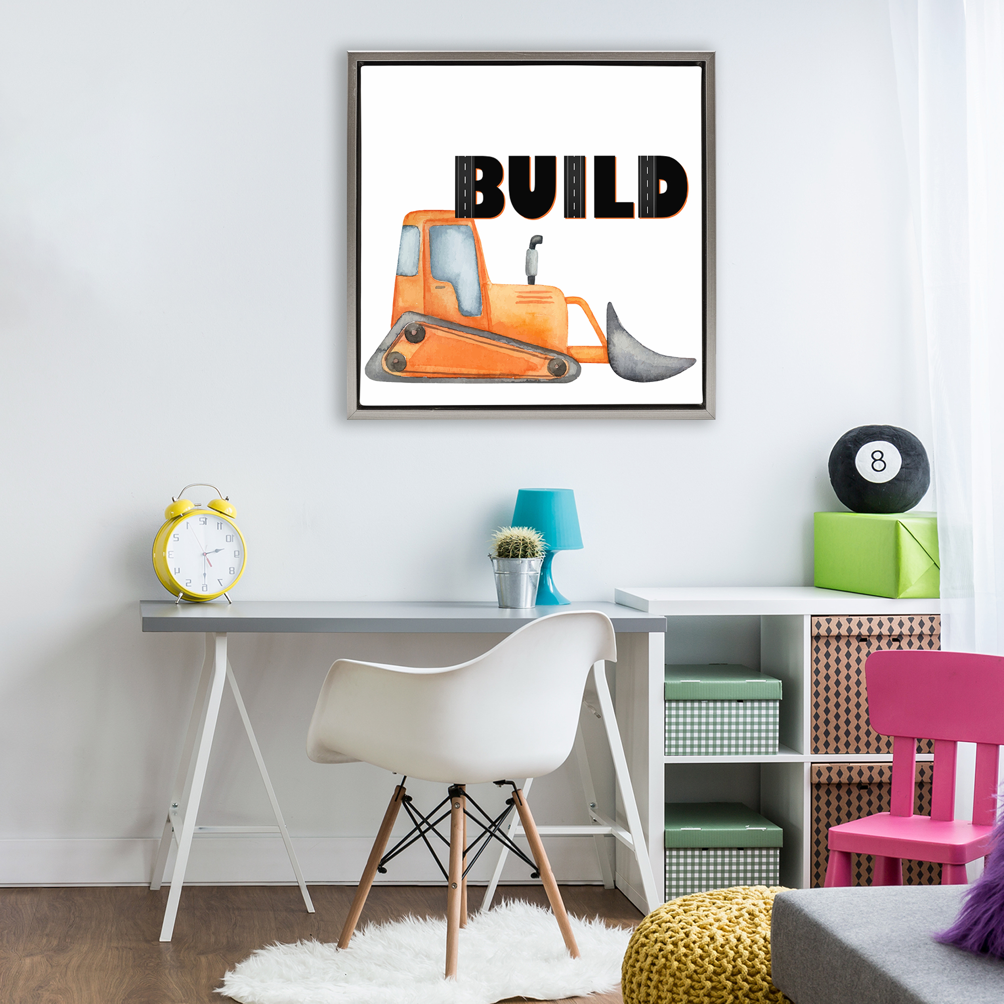 Build with Orange Bulldozer Gray Framed Floater Canvas Wall Art, design by Kim Allen