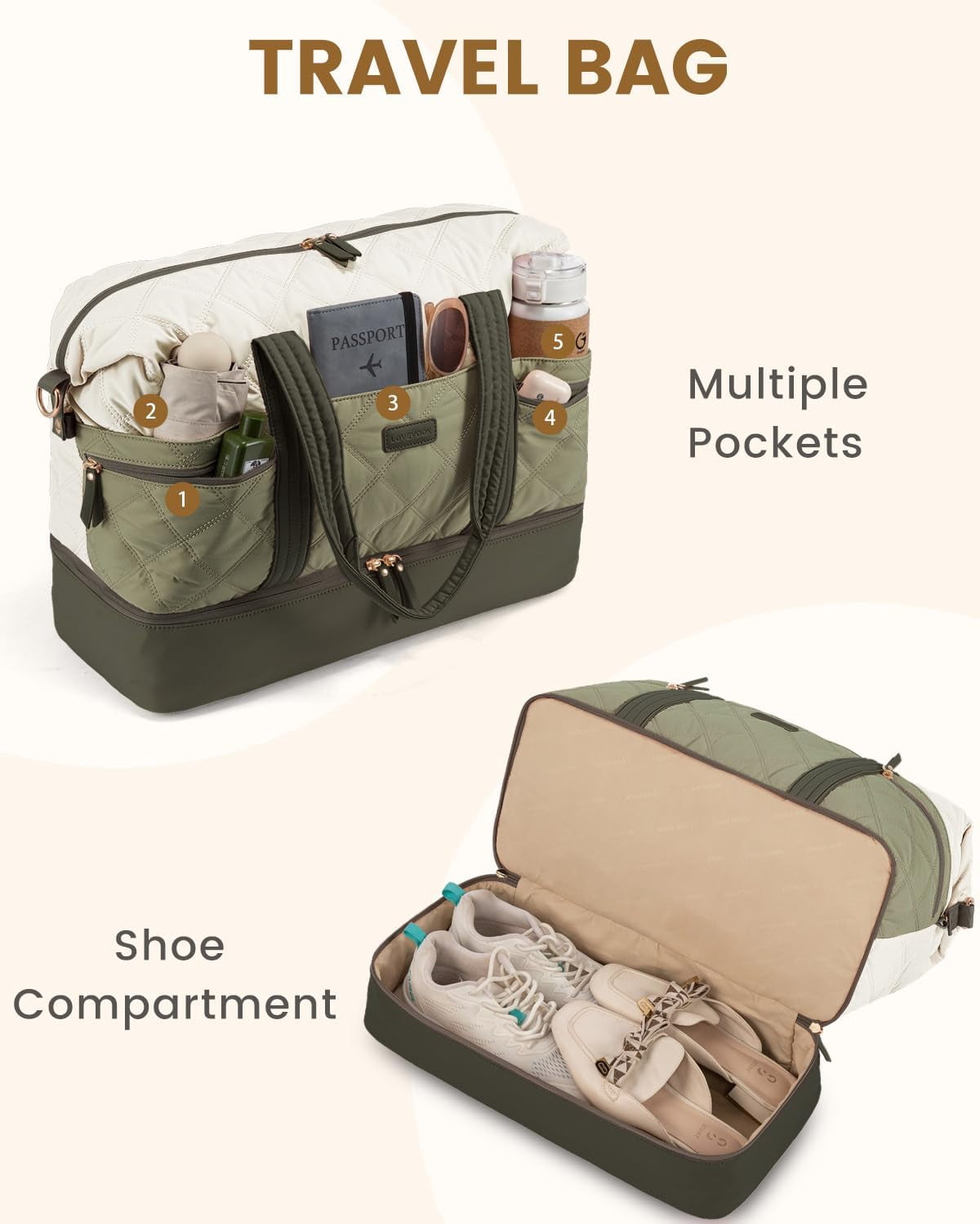 LOVEVOOK Travel Duffle Bag, Lightweight Weekender Bags for Women with Shoe Compartment, Puffer Gym Bag Personal Item Travel Bag, Quilted Overnight Bags and Hospital Bag for Labor and Delivery