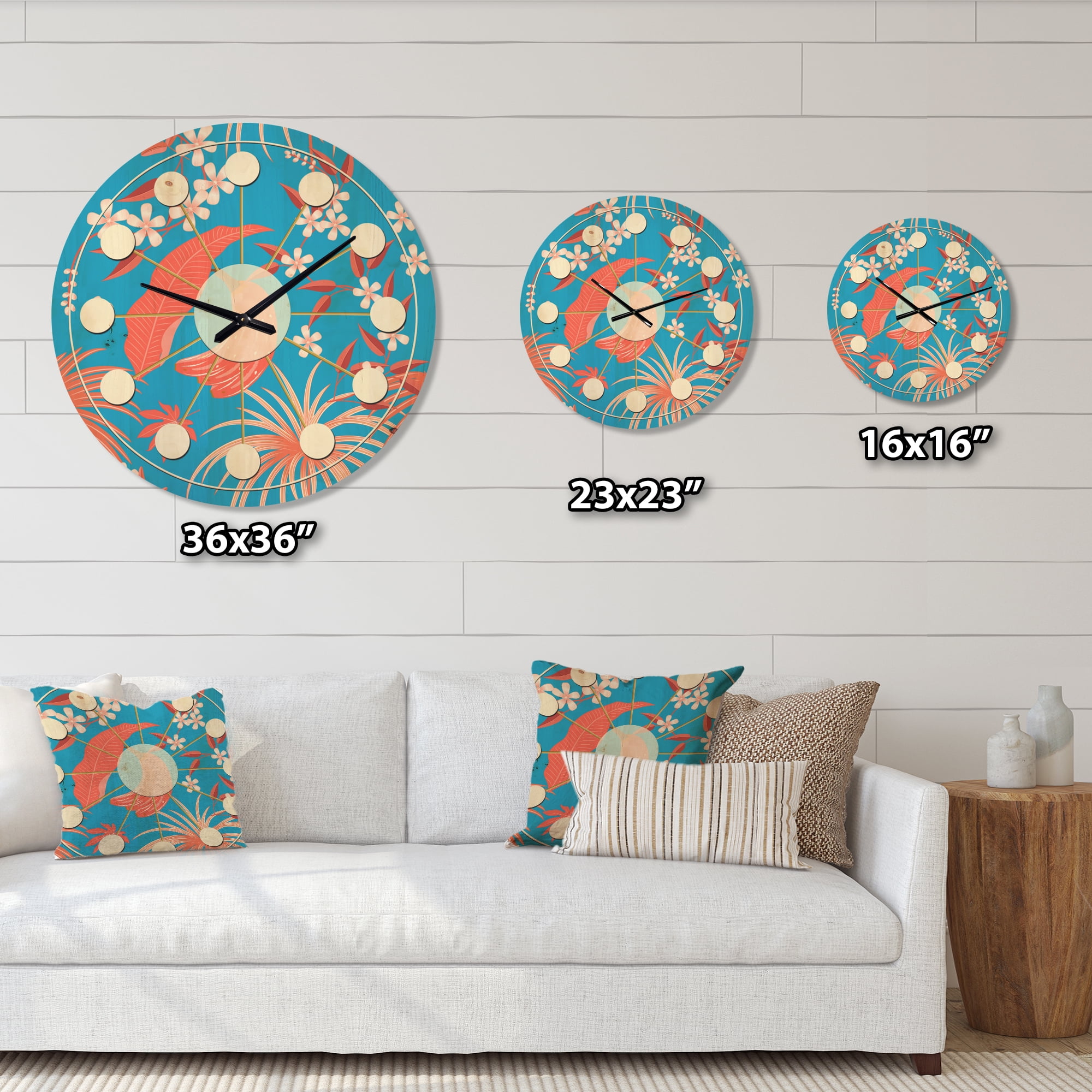 Designart 'Retro Tropical Foliage Coral II' Mid-Century Modern Wood Wall Clock