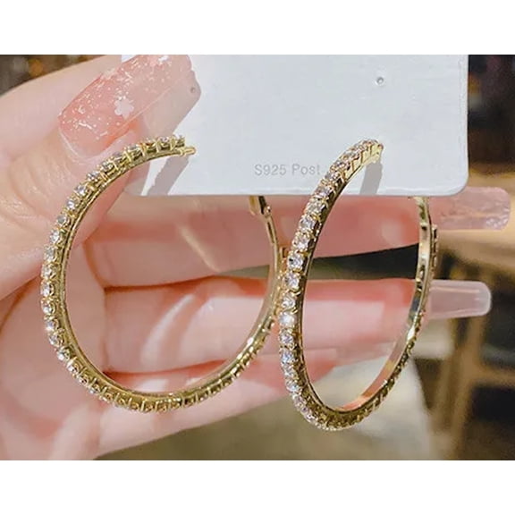 40mm Gold Tone Crystal Round Solid Hoop Earrings Fashion Jewelry for Women