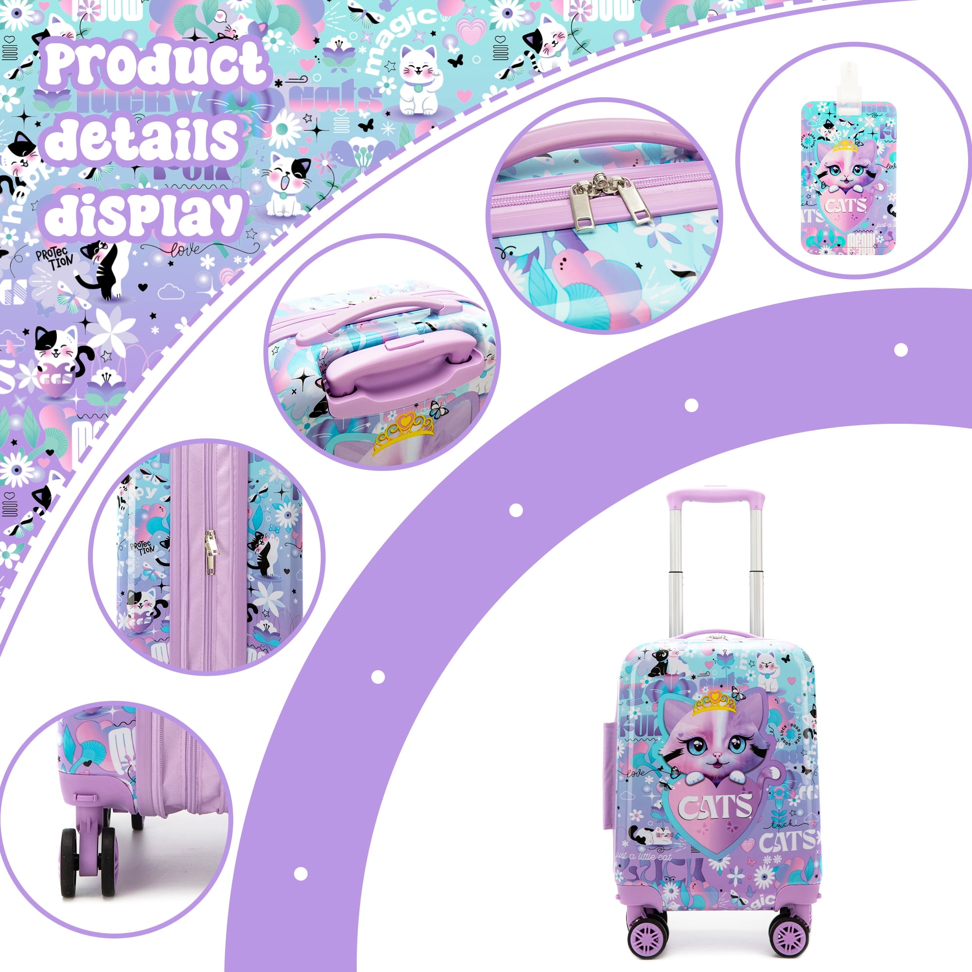 Kids Rolling Luggage Sets for Girls Cute Carry on Suitcases Hardshell with Wheels Airline Approved 16 Inch Suitcase with Travel Pillow