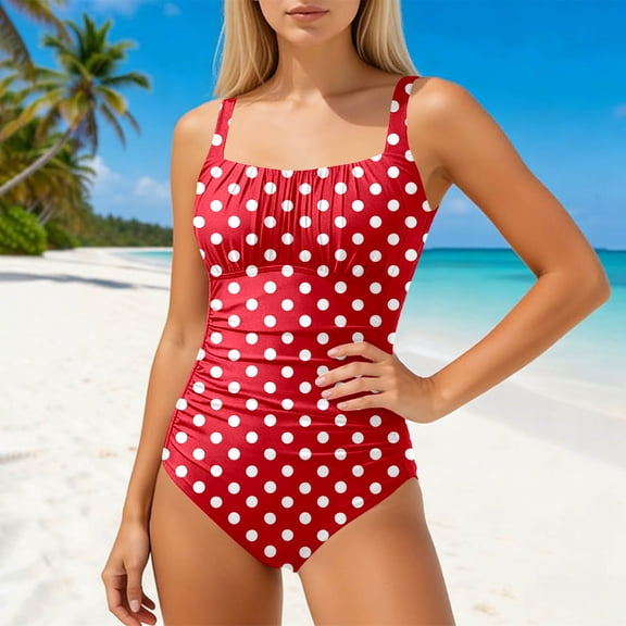 uvwlwu Women Red Polka Dot Square Neck Ruched One Piece Swimsuit,L
