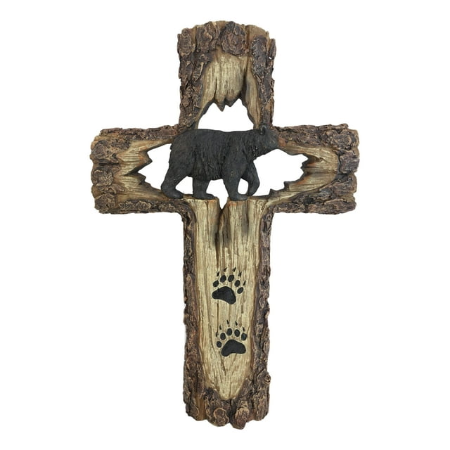 Rustic Western Black Bear With Paw Prints Faux Wood Wall Cross Decor Plaque