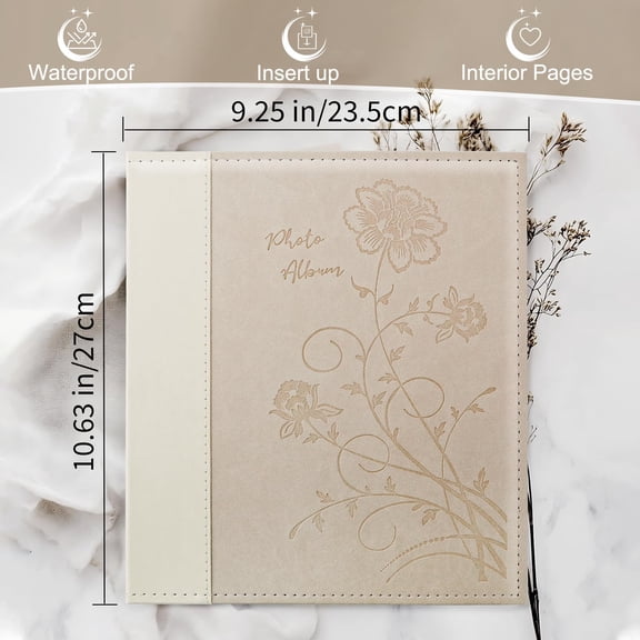 Photo Album 8x10 Clear Pages Pockets Leathe Cover Slip Slide in Holds 50 Vertical Photos Picture Book for Wedding Family (Beige)