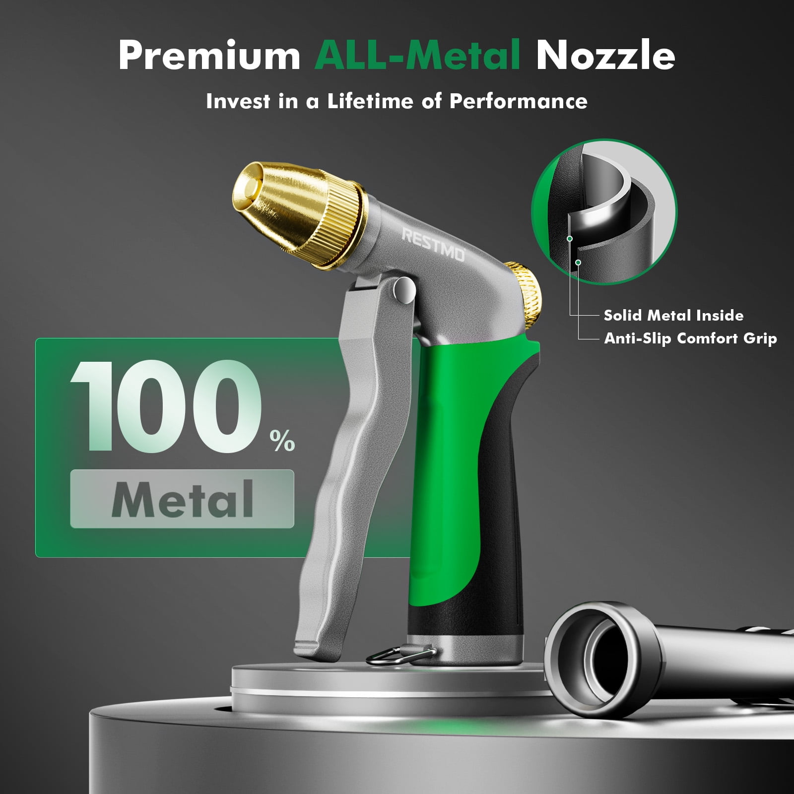Restmo Metal Hose Nozzle with 8 Adjustable Spray Patterns - High Pressure, Heavy Duty Water Sprayer Nozzle for Garden Watering, Car Wash, Patio and Pets, Green