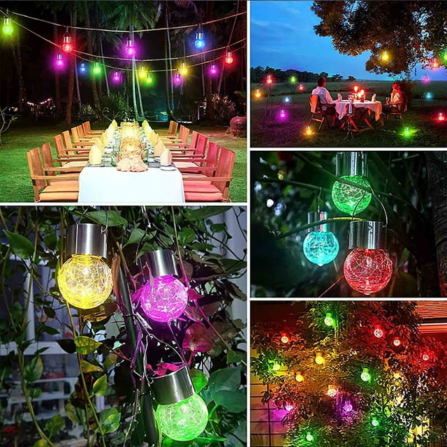 Luz colgante de bola de vidrio solar para exteriores | Linterna LED de vidrio craquelado | Multicolor y blanco cálido | Resistente a la intemperie | Ahorro de energía | Decoración de jardines y