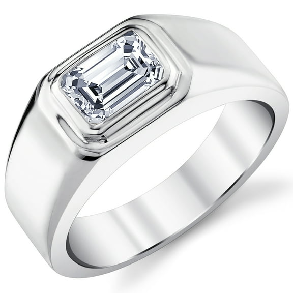 Metal Masters Mens 1Ct. Emerald-Cut Moissanite Solitaire Engagement Ring Wedding Band 18K White Gold Silver