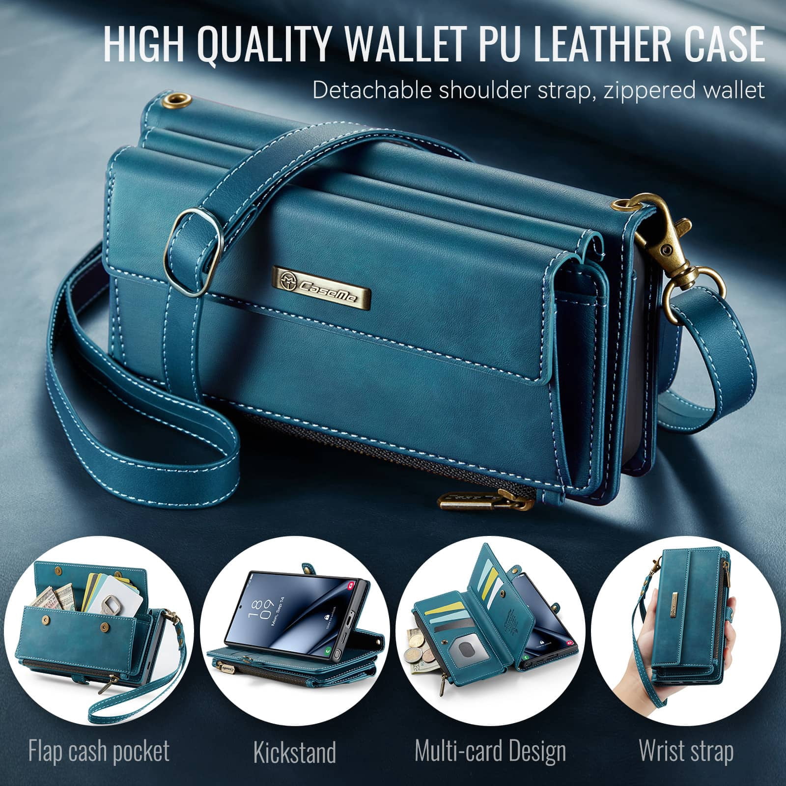For Samsung Galaxy S25 Ultra Wallet Case, RFID Blocking PU Leather Case Women Men Kickstand flip Cover Wrist Strap Zipper Credit Card Holder Slot