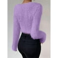thumbnail image 6 of Women'S Fuzzy Long Sleeve V Neck Crop Sweater Casual Plain Slim Fit Warm Knitwear Sweater Pullovers Purple S, 6 of 8