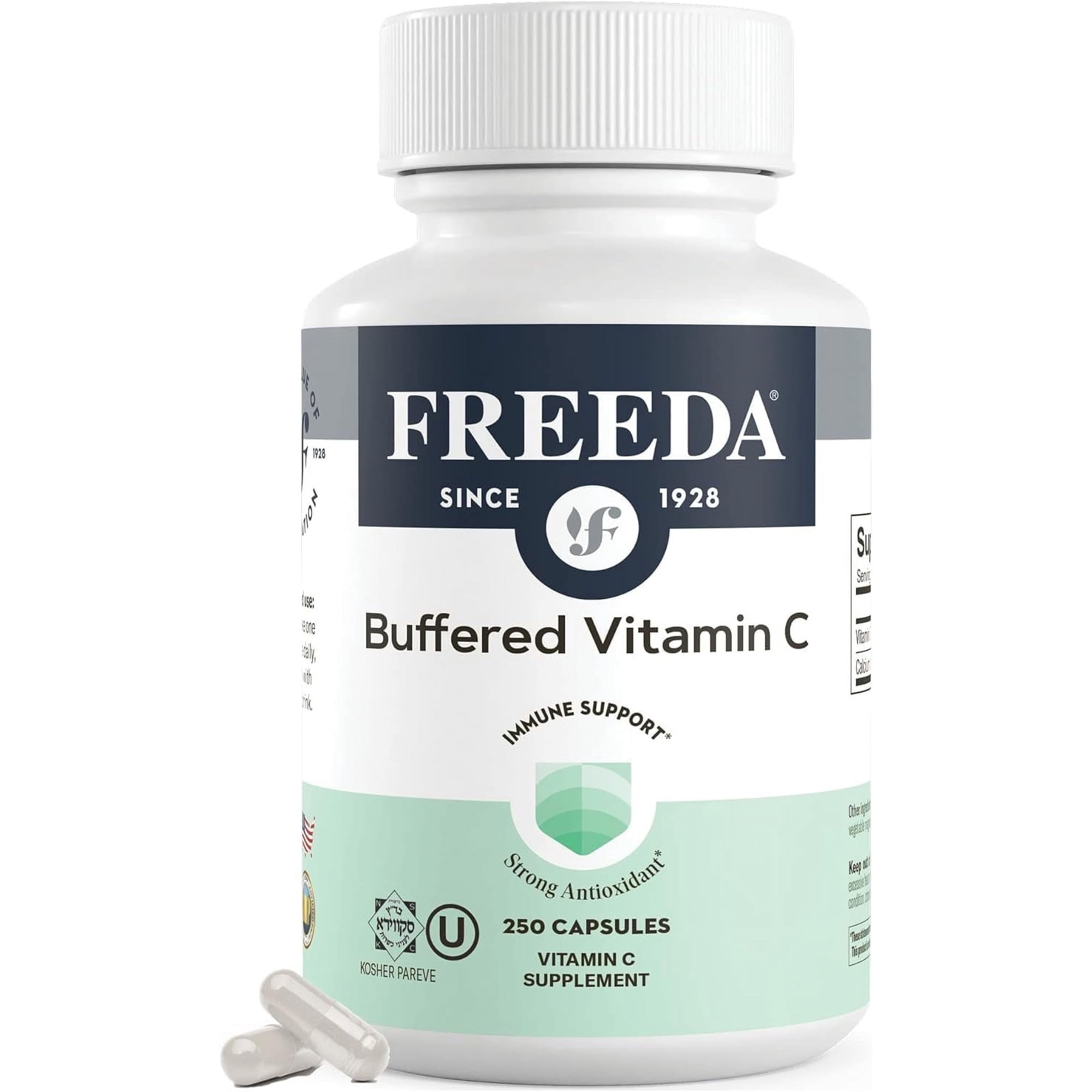 Freeda Buffered Vitamin C 500 mg with Calcium | Non-Acidic Vitamin C for Sensitive Stomachs | Kosher, Vegan, Gluten Free | 250 Capsules