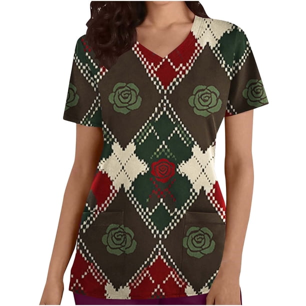 TaTaai Valentine Print Women Scrub Top Soft Cotton Relaxed Fit Short Sleeve V Neck Pocket Stretchy Breathable Work Casual Daily Wear Nurse Blouse Gift