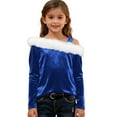 thumbnail image 3 of qolati Girls Shirts Dressy Casual Faux Furs Trim Cold Shoulder Velvet Tunic Tops Elegant Preppy Long Sleeve Blouses Kids 4-14 Years, 3 of 8