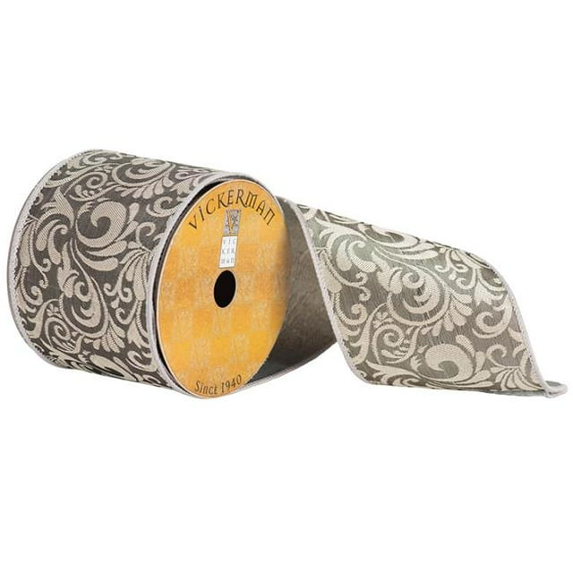 Vickerman Q172522 Ruban Filé Fleur Jacquard Argent de 4 Po x 10 Verges