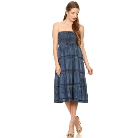 Fit and Flare Tiered Layers Denim Skirt or Midi Dress Smocked Strapless Top