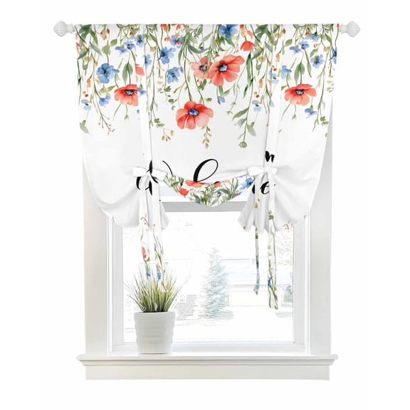 Red Blue Spring Floral Tie Up Curtains for Window, Thermal Insulated Balloon Shade Adjustable Rod Pocket Curtains Valance Panels for Kitchen Bathroom Cafe 52 x 45 Pastoral Botanical Welcome