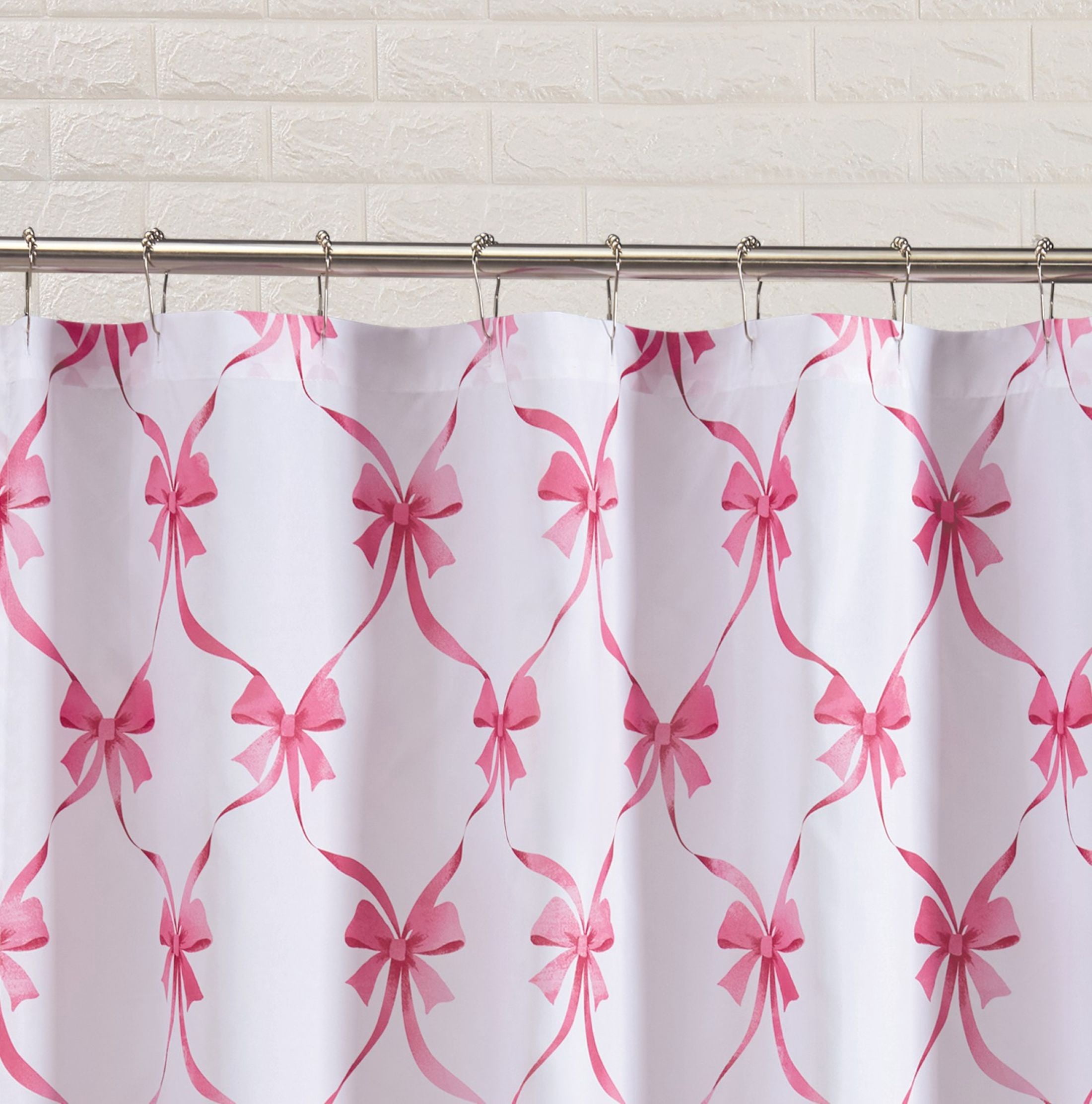 Modern Heirloom Abigail Bow Pink and White Microfiber Decorative Fabric Shower Curtain, 72” x 72"