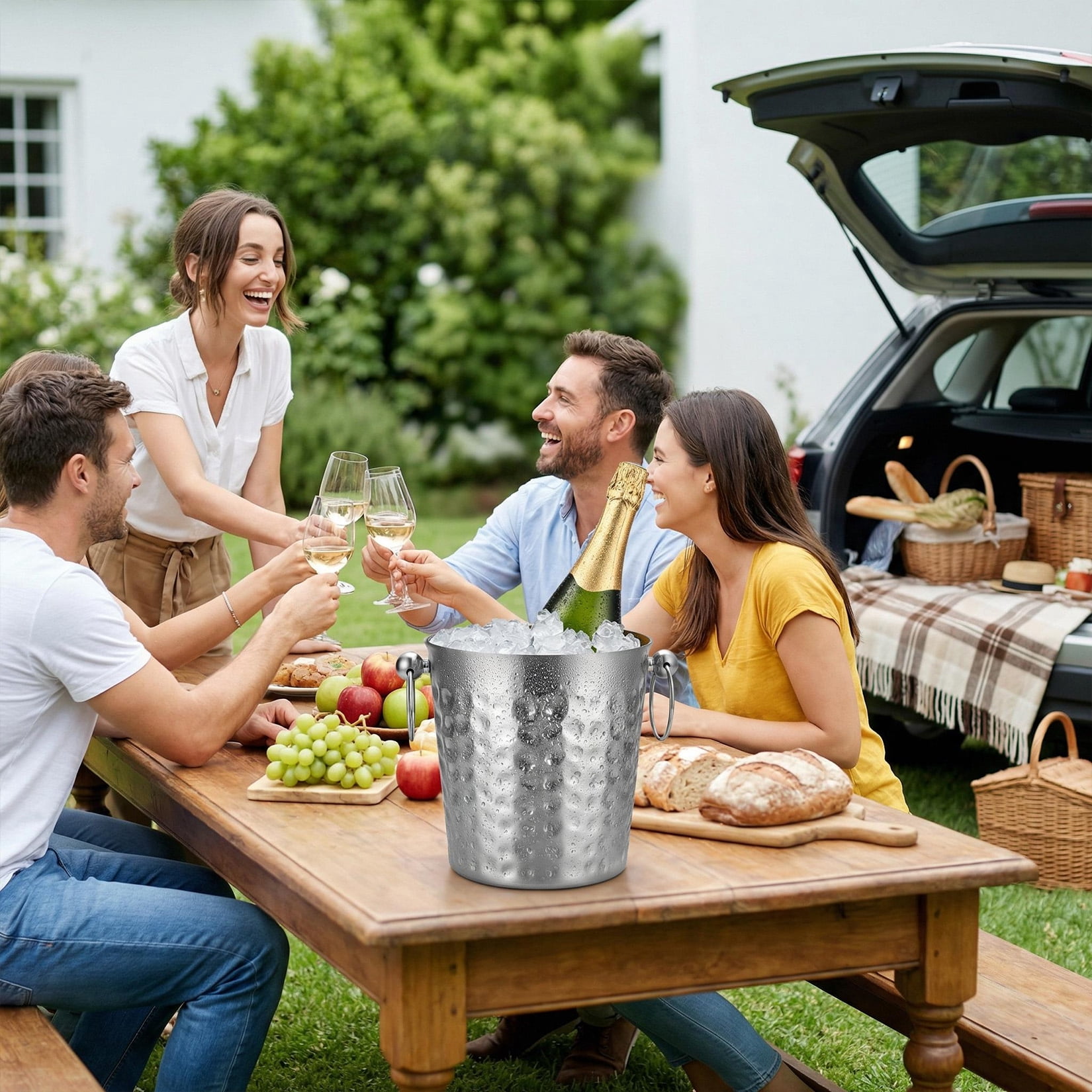 102oz Hammered Stainless Steel Ice Bucket with Scoop, Double Handle Metal Wine & Champagne Chiller, Non-Slip Beverage Cooler for Bar, Party & Home (7.5" x 7.5" x 7.3")