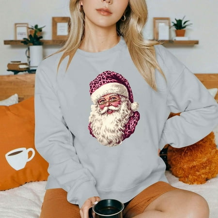 asdoklhq Christmas Womens Tops Women s Round Neck Printed Loose Fitting Long Sleeve Hoodless Sweatshirts Gray M