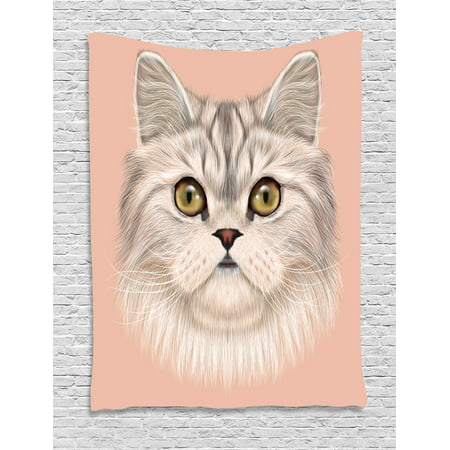Cat Tapestry, Cute Kitty Portrait Whiskers Best Pet Animal I Love My Feline Themed Artwork, Wall Hanging for Bedroom Living Room Dorm Decor, 40W X 60L Inches, Beige Cream Peach, by