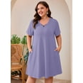 thumbnail image 5 of SHOWMALL Women's Plus Size Casual Dress with Pockets, Criss Cross V-Neck Soft Short Sleeve Sundress, Purple Gray 1X Cozy Comfort Loungewear for Daily Wear, 5 of 8