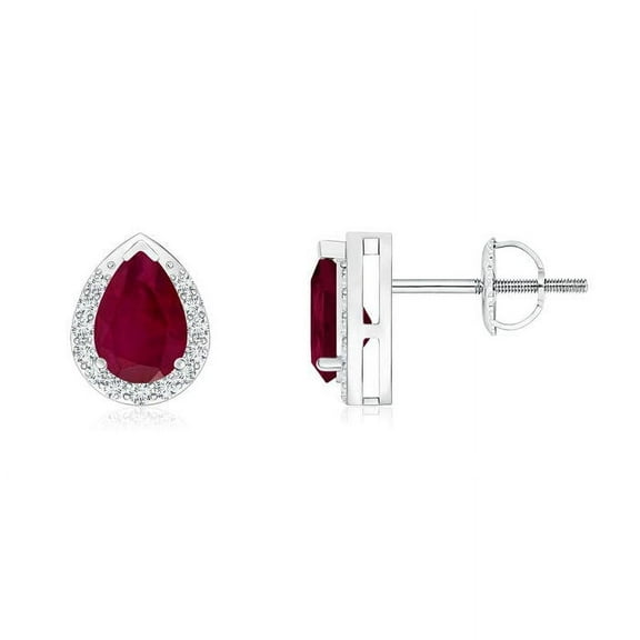 ANGARA Natural Pear-Shaped Ruby Stud Earrings with Diamond Halo in 14K White Gold for Women (Size-6x4mm) | July Birthstone, Birthday, Anniversary, Jewelry Gift for Women | Natural Ruby Earrings