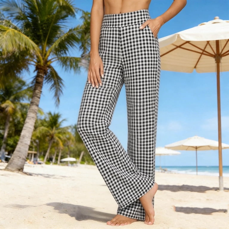 high waisted plaid dress pants Plus Size Women's Loose Straight Leg with Pockets, Elastic Waist Casual Trousers, Soft Breathable Fabric for Work Summer 16.5
