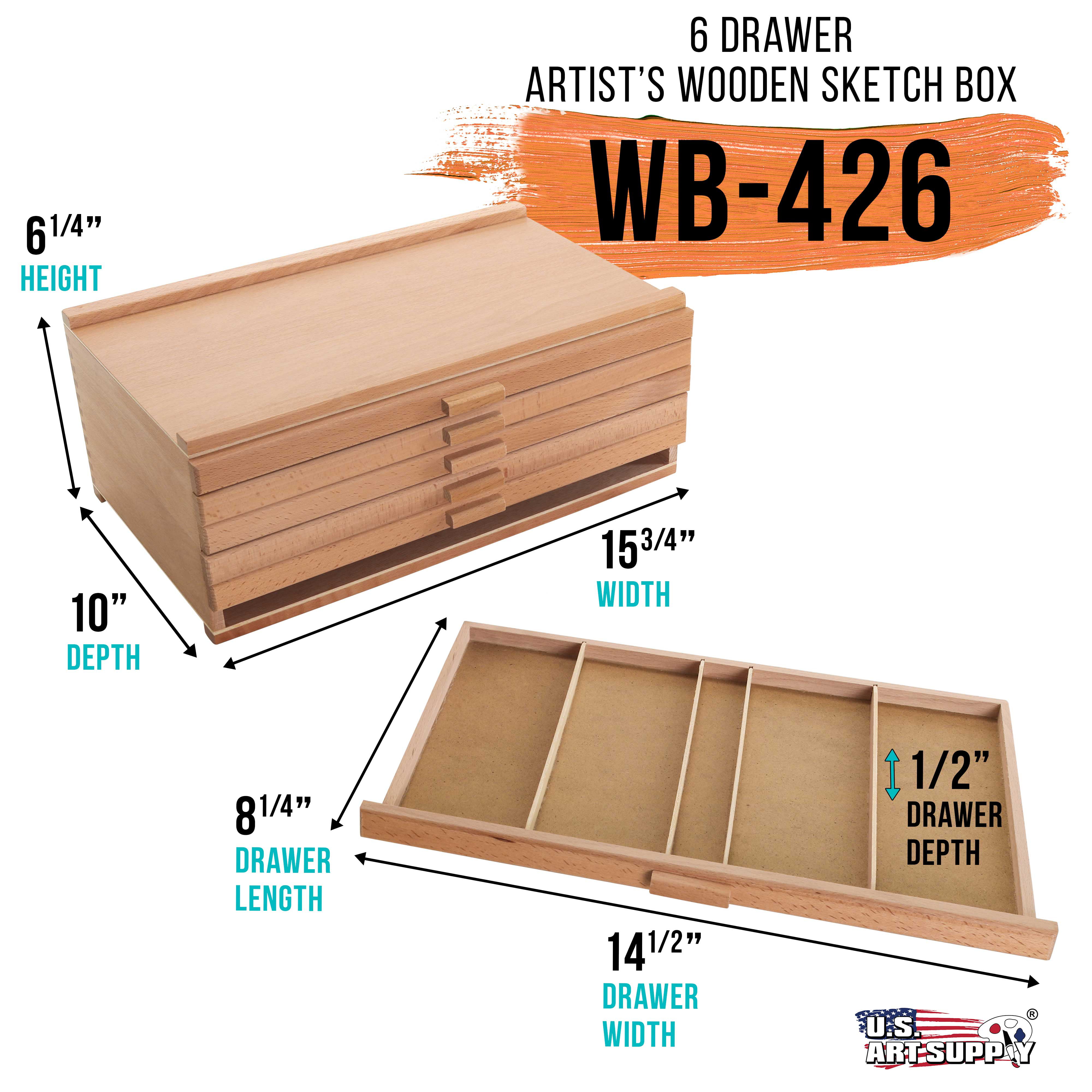 6 Drawer Beechwood Artist Storage Supply Tool Box - 7 Elements, 6