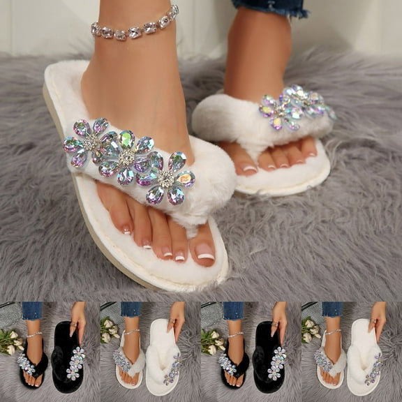 Miluxas Fluffy Slippers Rhinestone Women's Fluffy Flip-Flops for Indoor and Outdoor White 9(42)