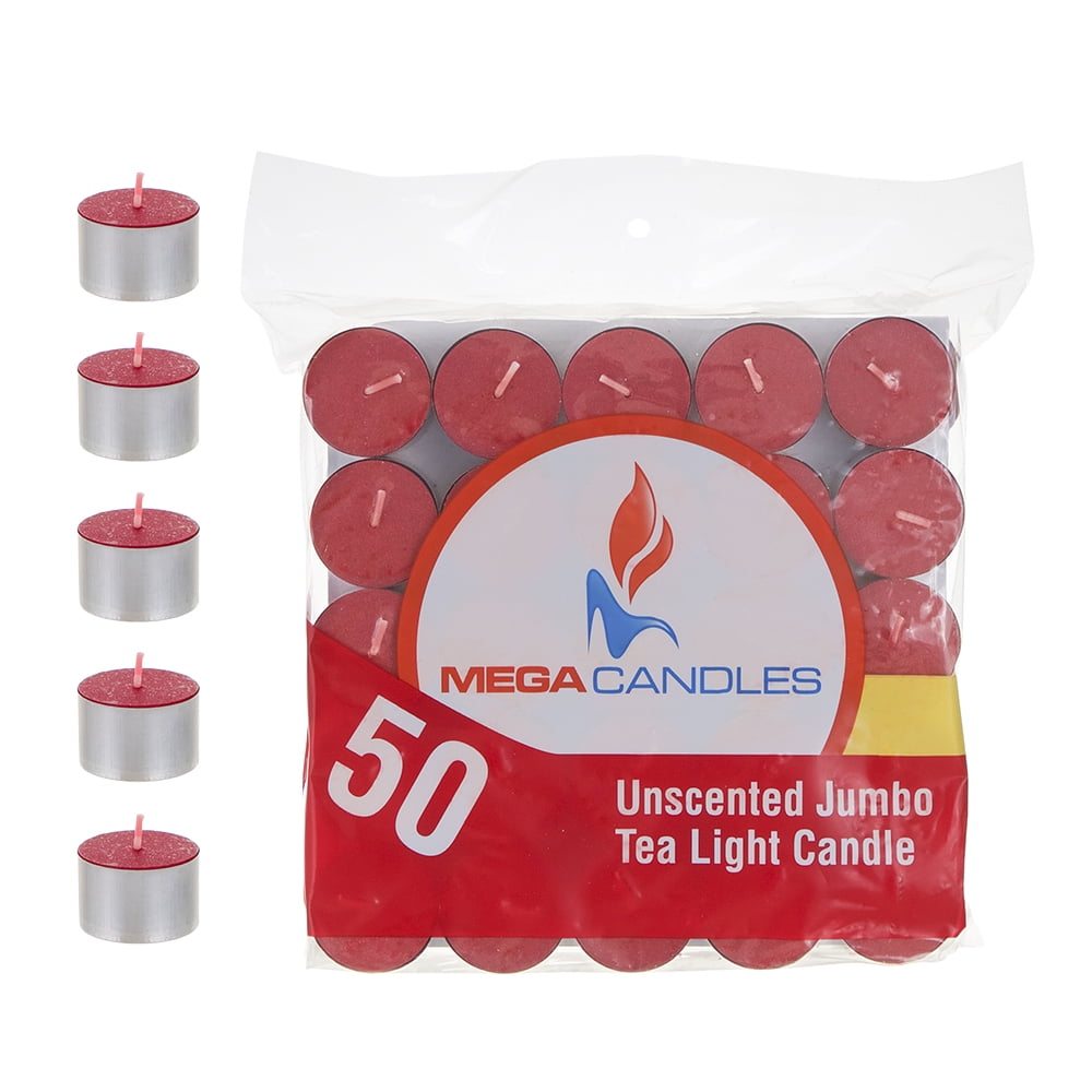 Mega Candles Unscented Jumbo Tea Light Candles Red, Set of 50