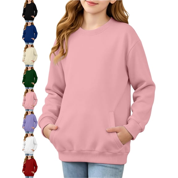 Sweatshirts for Girls Plus Size Round Neck Solid Color Long Sleeve Side Pocket Hoodie Top 5-15 Years