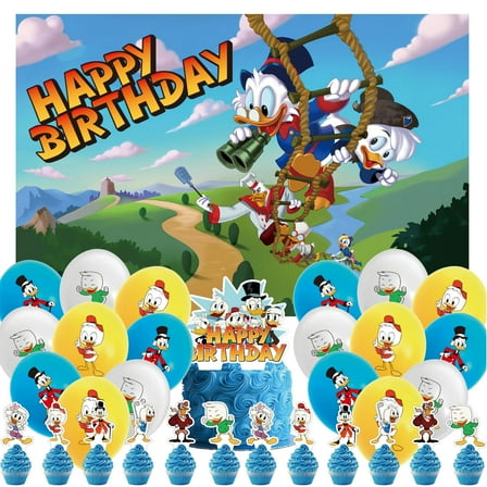 32 Pcs For DuckTales Theme Birthday Party Decorations and Supplies Set – Includes 1 Backdrop, 12 Cupcake Toppers, 1 Cake Topper, and 18 Balloons for Festive Celebrations