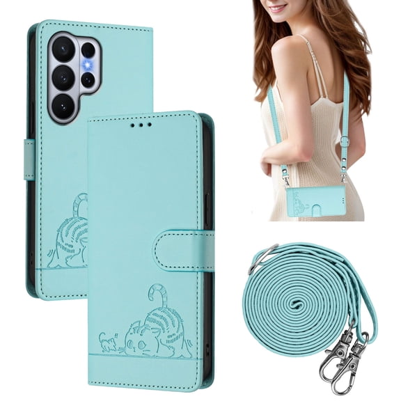 ELEHOLD Crossbody Case for Samsung Galaxy S26 Ultra, Cute Cat Design RFID Blocking Leather Wallet Case, 3 Card Holders, Stand Function,Mint