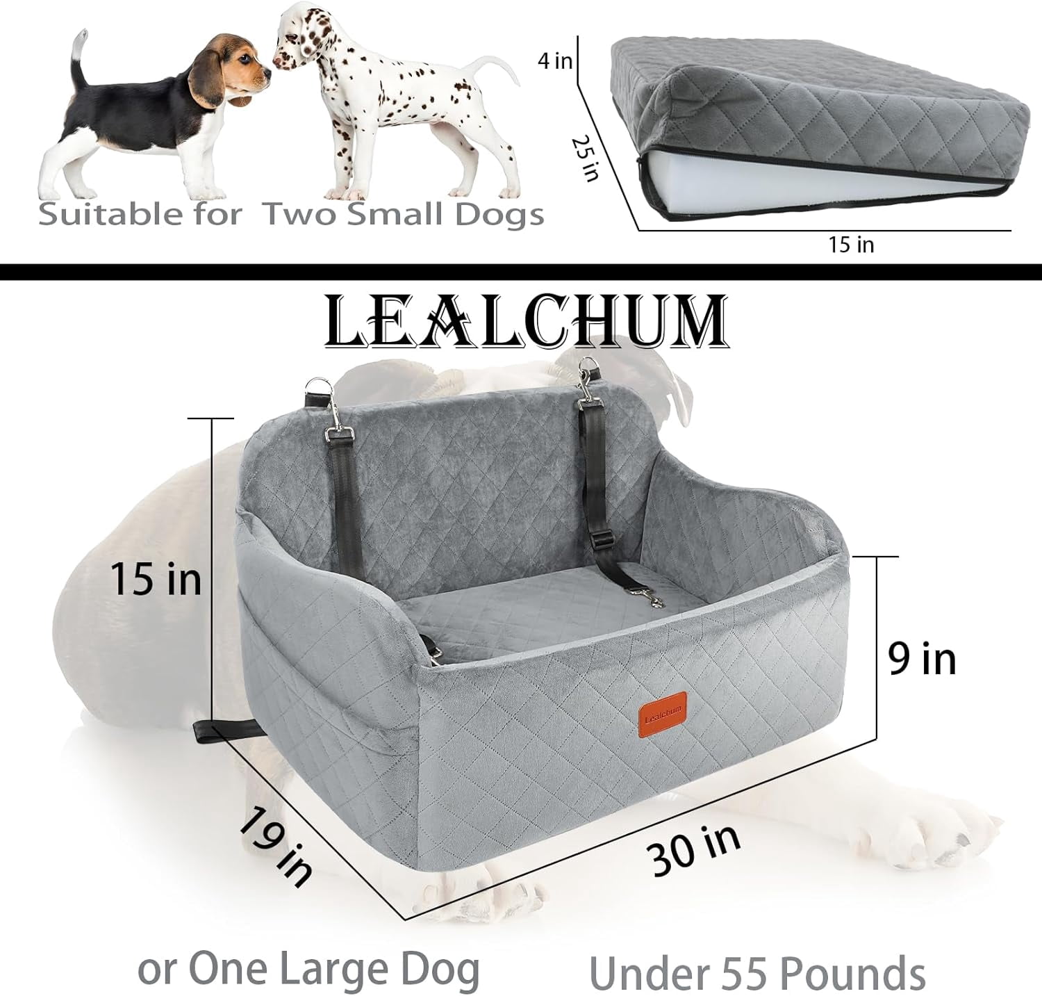 Lealchum Dog Car Seat,  Car Dog Bed, Pet Car Seat with 2 Storage Pockets, Easy to Install (Grey)