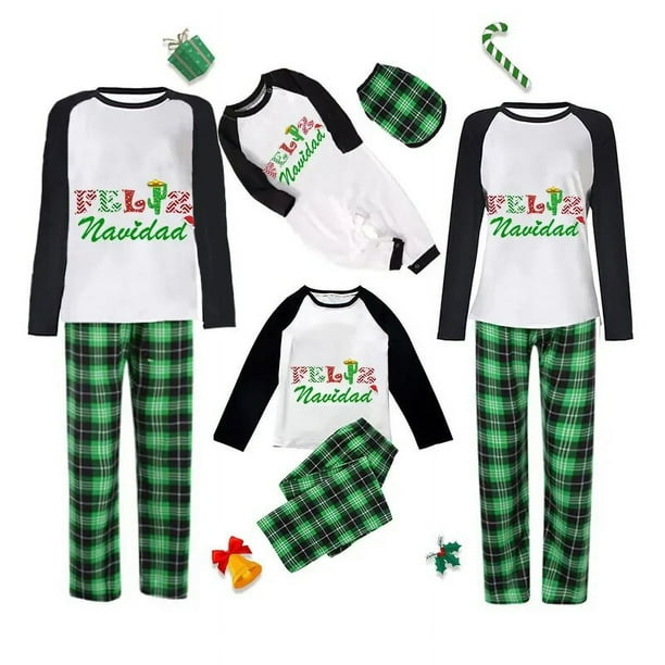 Pijamas familiares a juego de Navidad, diseño exclusivo, patrón colorido, Feliz Navidad, conjunto de pijamas a cuadros verdes
