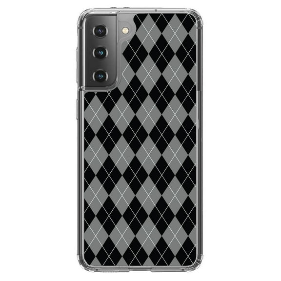 DistinctInk Clear Shockproof Hybrid Case for Galaxy S21 5G (6.2" Screen) - TPU Bumper, Acrylic Back, Tempered Glass Screen Protector - Black Grey White Argyle