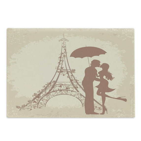 Umbrella Girl Cutting Board, Couple Kissing with Eiffel Tower on the Background, Decorative Tempered Glass Cutting and Serving Board, in 3 Sizes, by Ambesonne