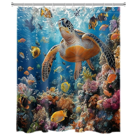 Sea Turtle Shower Curtain Teal Blue Ocean Colorful Tropical Fish Coral Bathroom Shower Curtain Funny Nautical Theme Art Shower Curtain Home Decor with 10 Hooks 60x72 Inches