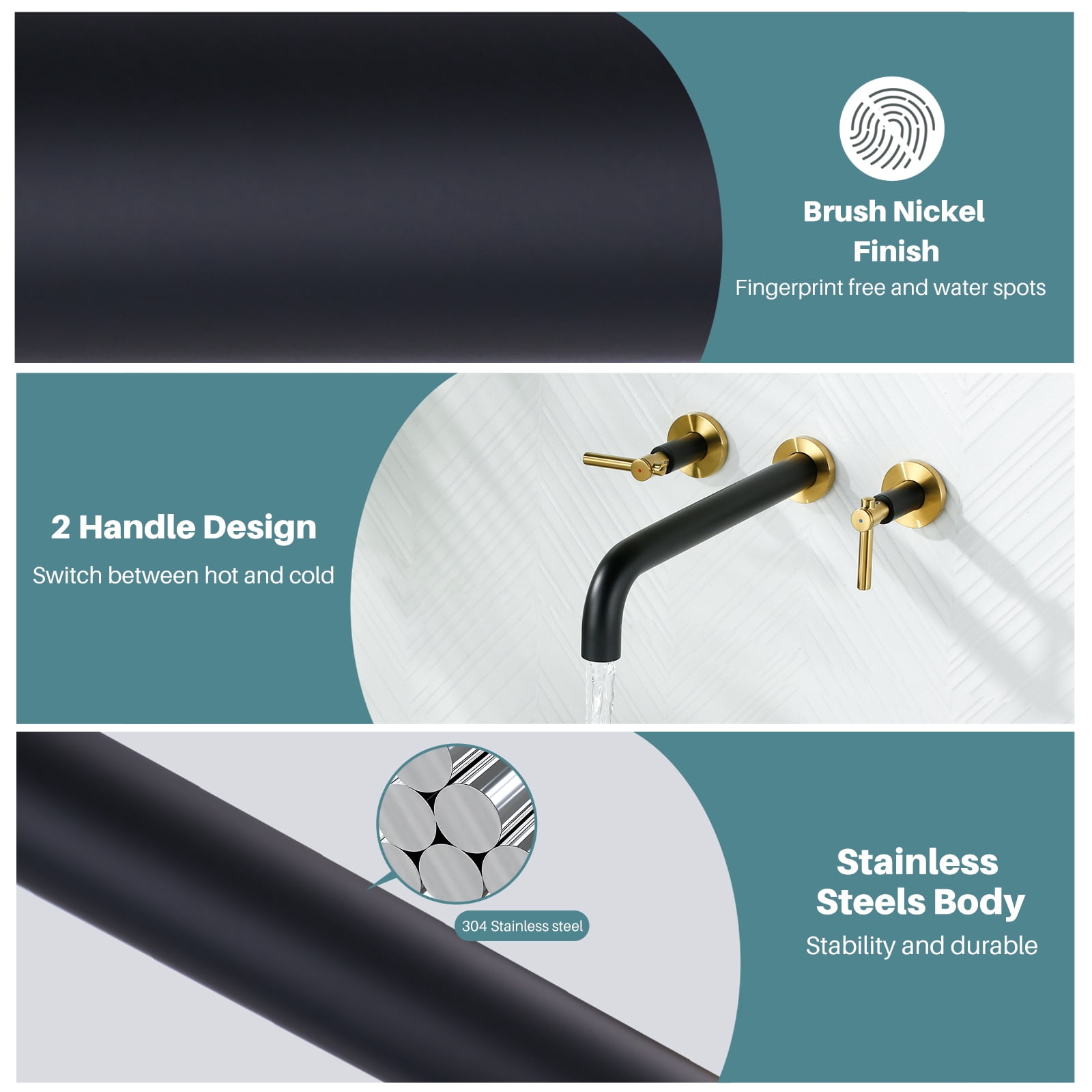 Wowow Cross Wall‑Mounted 2‑Handle Roman Tub Faucet with 12 in. Long Spout in Black and Gold, Brass Construction