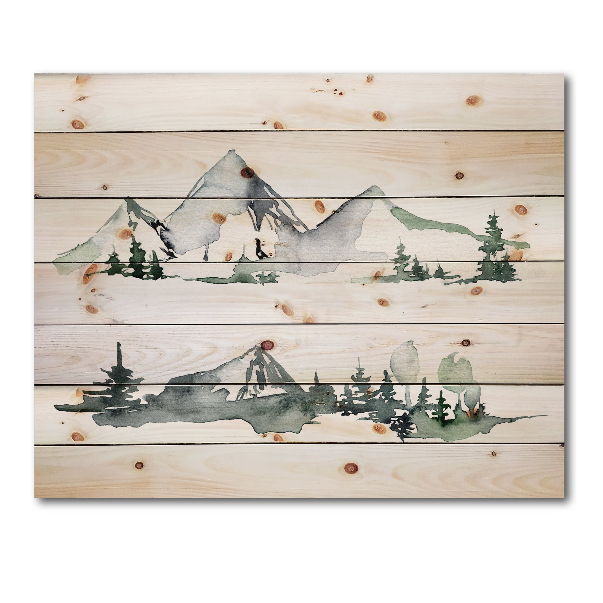 Designart 'Trees With Winter Dark Blue Mountain Landscape II' Modern Print on Natural Pine Wood