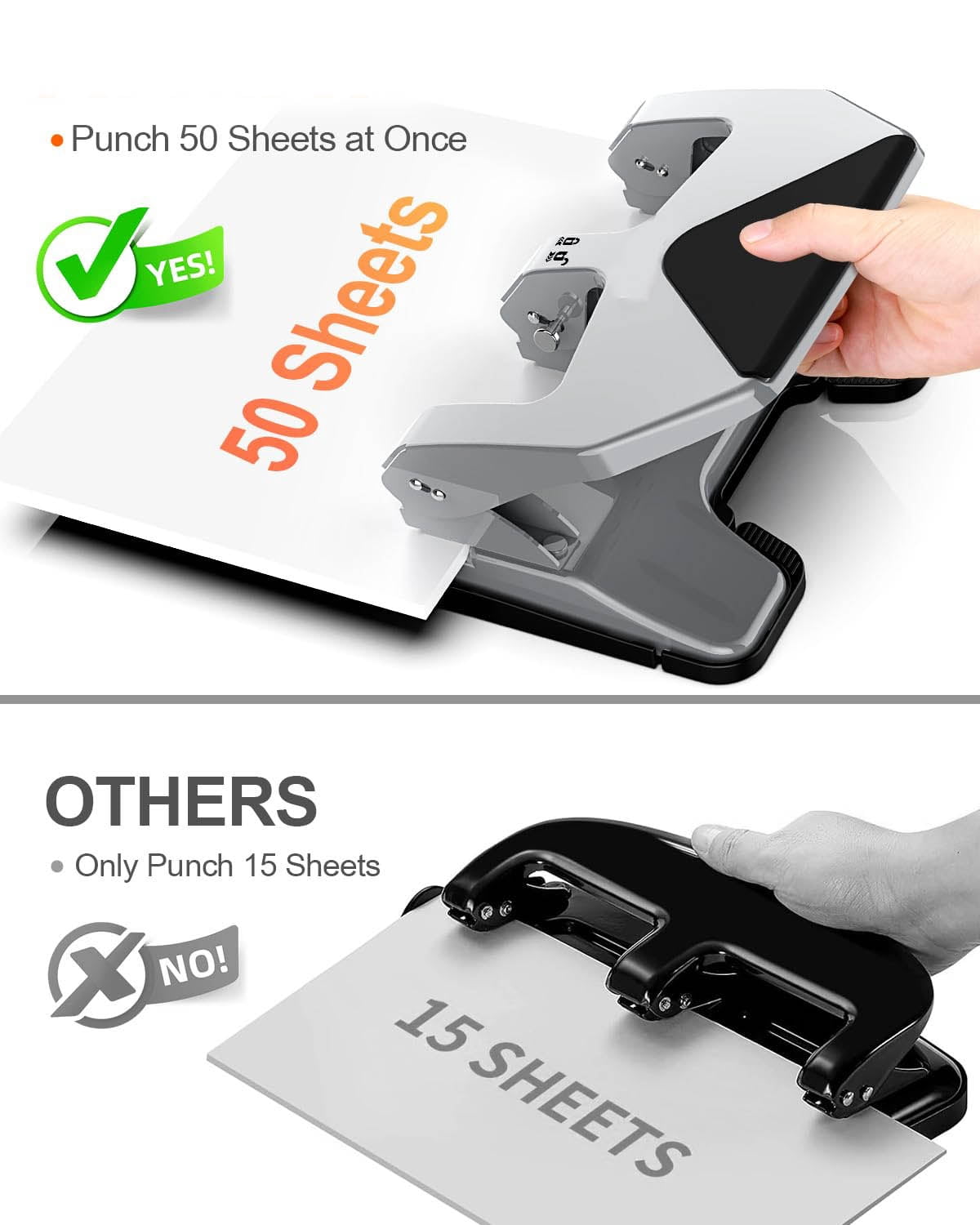Heavy Duty Three Hole Punch, 50-Sheet Capacity, Reduced Effort, Metal Construction with S.S. Paper Guide for Binder