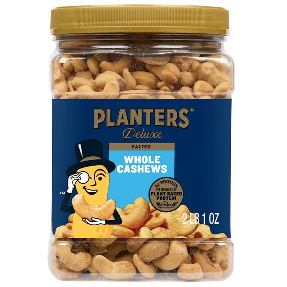 PLANTERS Deluxe Salted Whole Cashews, Party Snacks, Plant-Based Protein, 33 oz Plastic Jar