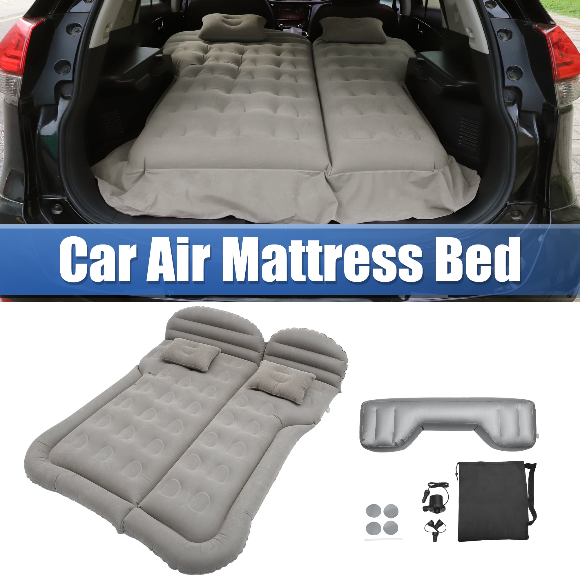 Unique Bargains 1 Set Universal Inflatable Thickened Car Air Mattress Camping Bed Cushion Pillow Flocking Gray