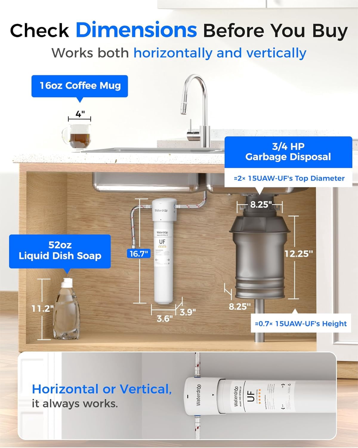 Waterdrop 15UAW-UF 0.01 μm Ultra Filtration Under Sink Water Filter System, 2 Years, Reduces Lead, Chlorine, Bad Taste & Odor