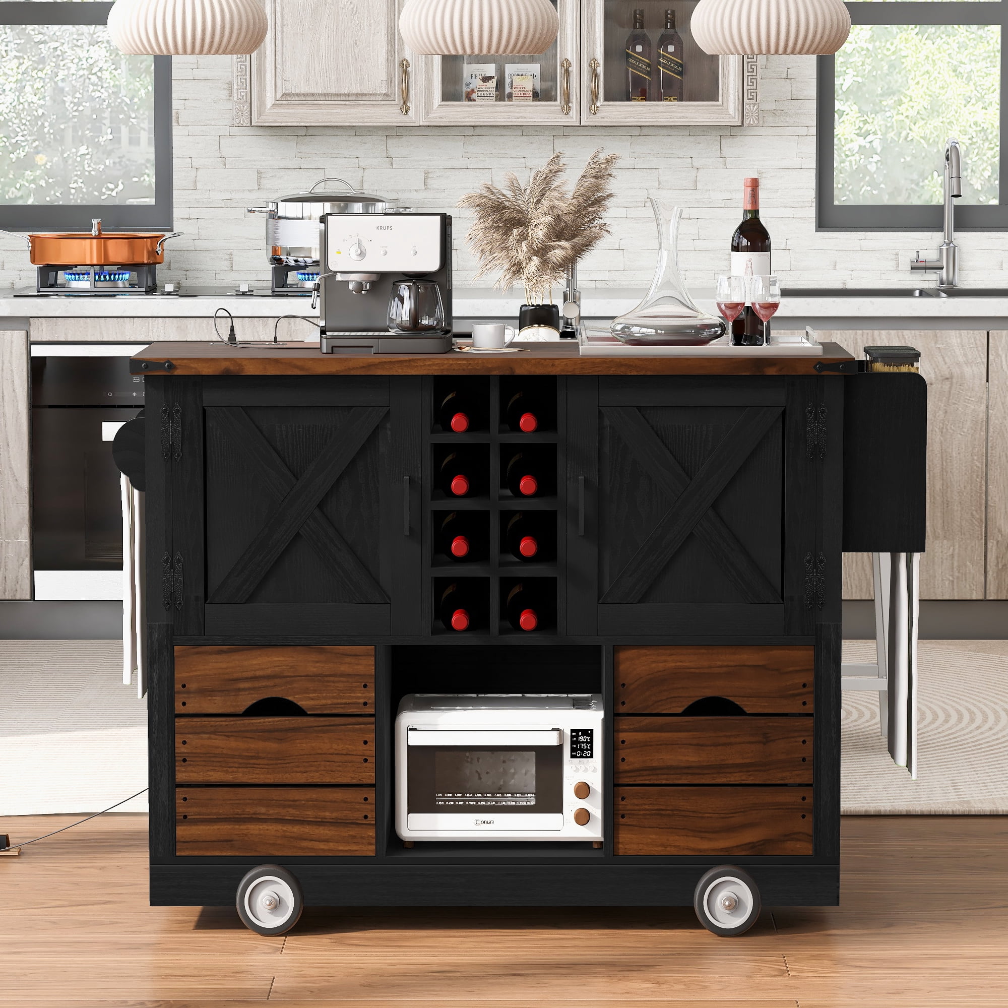 Euroco 54" Farmhouse Kitchen Island with Drop Leaf, Power Outlet, Kitchen Storage Cart with 2 Doors, 2 Drawers, Rolling Kitchen Island on 4 Large Wheels with Spice Rack
