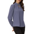 thumbnail image 4 of INSPIRE CHIC Women's Stand Collar Pleated Button Keyhole Button Blouse XS Grey White, 4 of 6