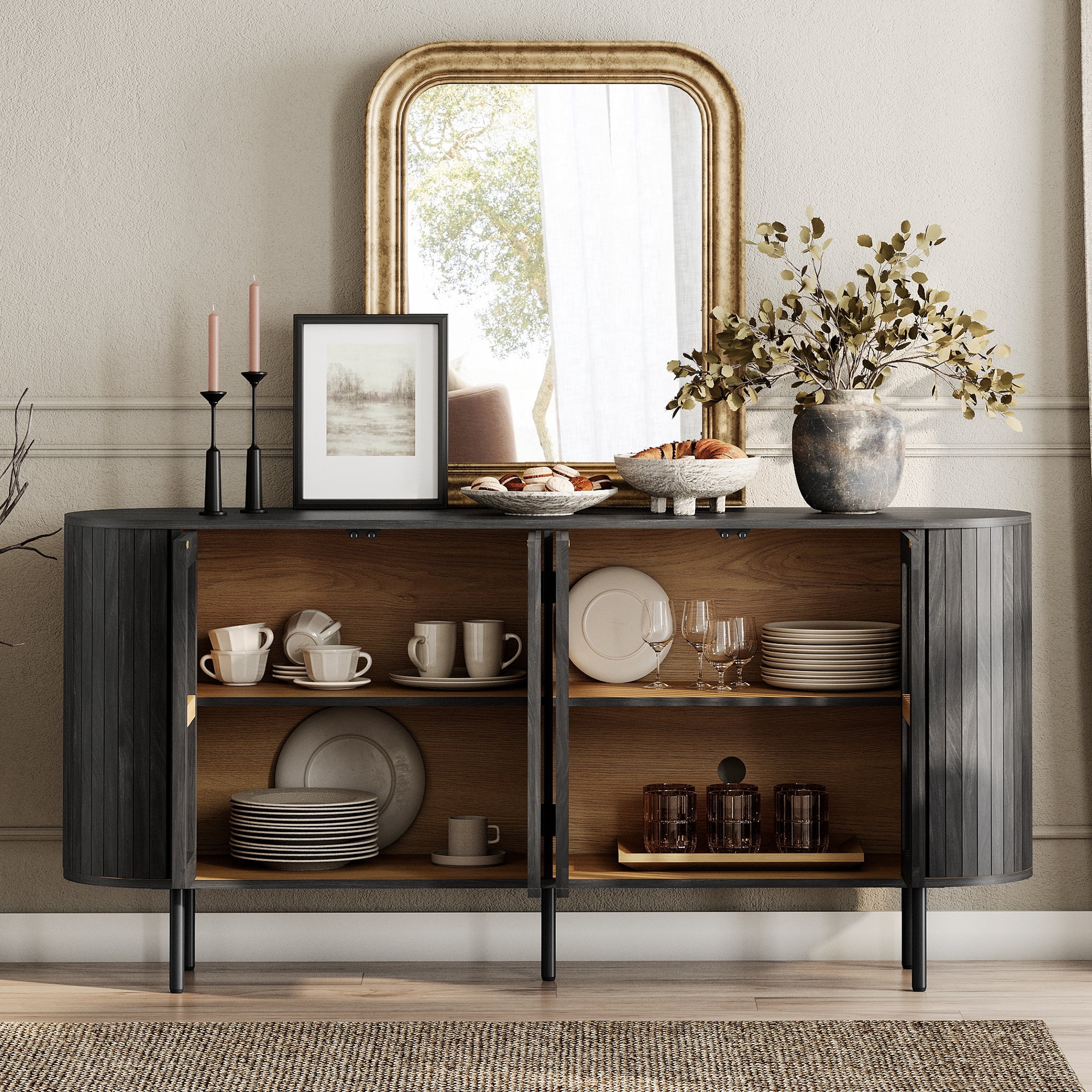 WAMPAT Modern Sideboard Buffet Cabinet with Storage, Wooden Accent Storage Cabinet with 4 Fluted Doors, Credenza with Curved Design for Dining Room, Living Room, Kitchen, Black