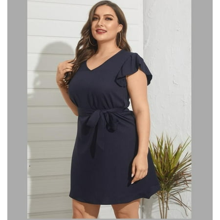 Women's Plus Size Dress V-neck Flounced Sleeves Dress Solid Color Dress ...