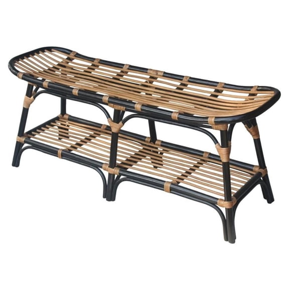 NPD Furniture Damara 19" Rattan Bench with Shelf in Black